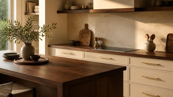 Après : une cuisine beige et bois foncé à tomber